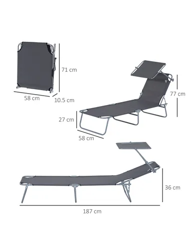 Outsunny Outdoor Foldable Sun Lounger, 4 Level Adjustable Backrest Reclining Sun Lounger Chair with Angle Adjust Sun Shade Awnin