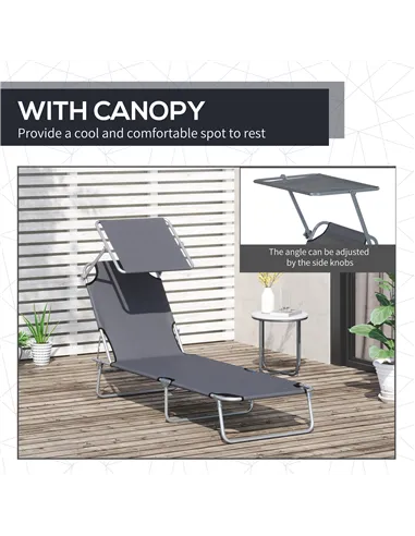 Outsunny Outdoor Foldable Sun Lounger, 4 Level Adjustable Backrest Reclining Sun Lounger Chair with Angle Adjust Sun Shade Awnin