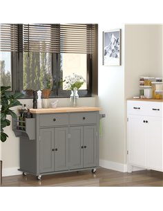 HOMCOM Rolling Kitchen Island Storage Trolley with Rubber Wood Top & Drawers for Dining Room, Grey 2