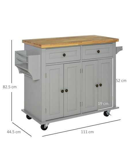 HOMCOM Rolling Kitchen Island Storage Trolley with Rubber Wood Top & Drawers for Dining Room, Grey