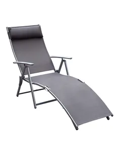 Outsunny Sun Lounger Steel Frame Outdoor Folding Chaise Texteline Lounge Chair Recliner with Headrest & 7 Levels Adjustable Back