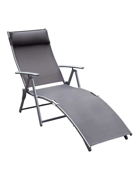 Outsunny Sun Lounger Steel Frame Outdoor Folding Chaise Texteline Lounge Chair Recliner with Headrest & 7 Levels Adjustable Back