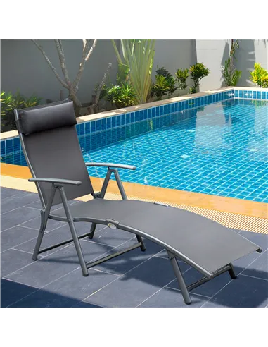 Outsunny Sun Lounger Steel Frame Outdoor Folding Chaise Texteline Lounge Chair Recliner with Headrest & 7 Levels Adjustable Back