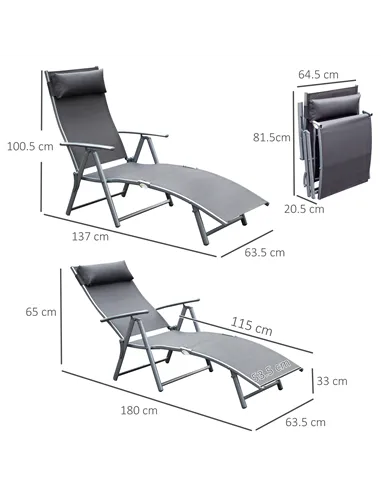 Outsunny Sun Lounger Steel Frame Outdoor Folding Chaise Texteline Lounge Chair Recliner with Headrest & 7 Levels Adjustable Back