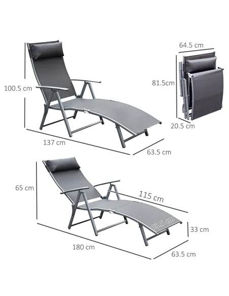 Outsunny Sun Lounger Steel Frame Outdoor Folding Chaise Texteline Lounge Chair Recliner with Headrest & 7 Levels Adjustable Back