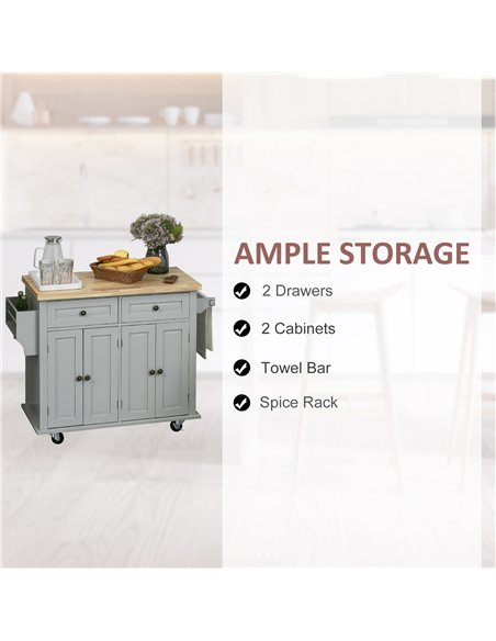 HOMCOM Rolling Kitchen Island Storage Trolley with Rubber Wood Top & Drawers for Dining Room, Grey