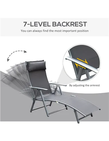 Outsunny Sun Lounger Steel Frame Outdoor Folding Chaise Texteline Lounge Chair Recliner with Headrest & 7 Levels Adjustable Back