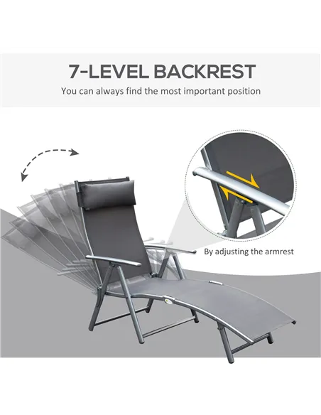 Outsunny Sun Lounger Steel Frame Outdoor Folding Chaise Texteline Lounge Chair Recliner with Headrest & 7 Levels Adjustable Back