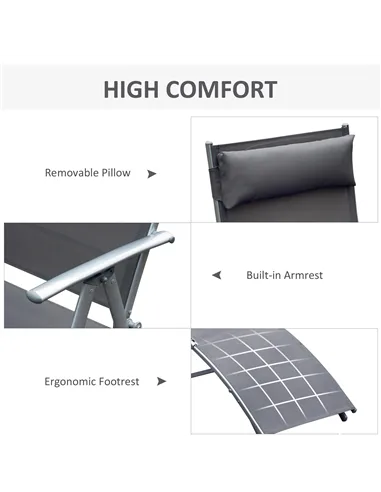 Outsunny Sun Lounger Steel Frame Outdoor Folding Chaise Texteline Lounge Chair Recliner with Headrest & 7 Levels Adjustable Back