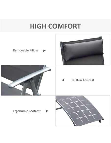 Outsunny Sun Lounger Steel Frame Outdoor Folding Chaise Texteline Lounge Chair Recliner with Headrest & 7 Levels Adjustable Back