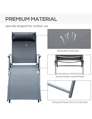 Outsunny Sun Lounger Steel Frame Outdoor Folding Chaise Texteline Lounge Chair Recliner with Headrest & 7 Levels Adjustable Back