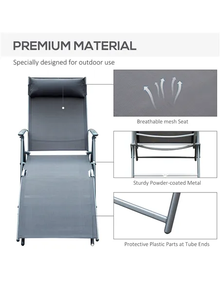 Outsunny Sun Lounger Steel Frame Outdoor Folding Chaise Texteline Lounge Chair Recliner with Headrest & 7 Levels Adjustable Back