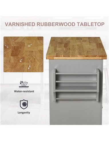 HOMCOM Rolling Kitchen Island Storage Trolley with Rubber Wood Top & Drawers for Dining Room, Grey