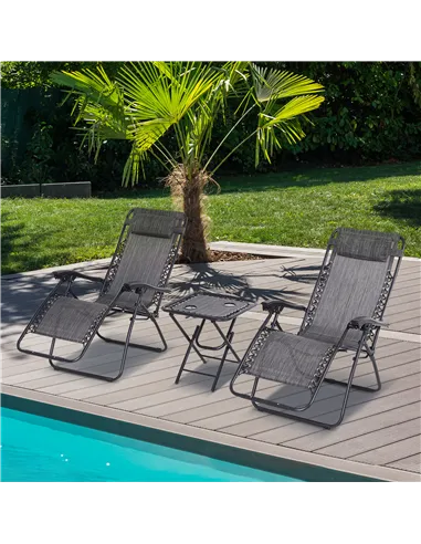Outsunny 3pcs Folding Zero Gravity Chairs Sun Lounger Table Set w/ Cup Holders Reclining Garden Yard Pool, Light Grey