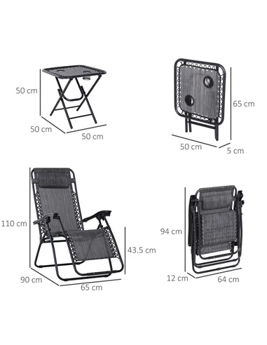Outsunny 3pcs Folding Zero Gravity Chairs Sun Lounger Table Set w/ Cup Holders Reclining Garden Yard Pool, Light Grey