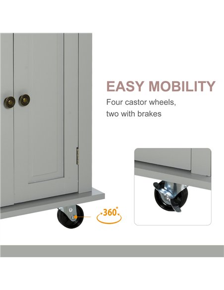 HOMCOM Rolling Kitchen Island Storage Trolley with Rubber Wood Top & Drawers for Dining Room, Grey