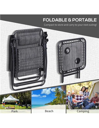 Outsunny 3pcs Folding Zero Gravity Chairs Sun Lounger Table Set w/ Cup Holders Reclining Garden Yard Pool, Light Grey