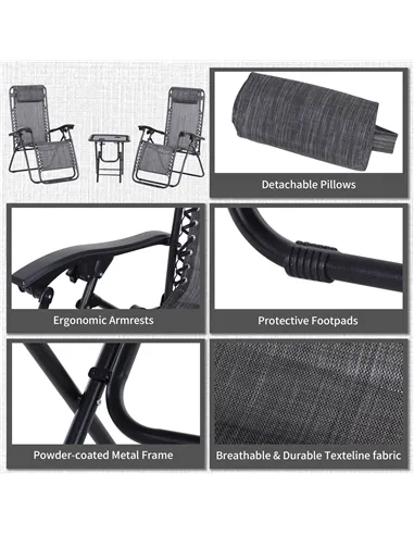 Outsunny 3pcs Folding Zero Gravity Chairs Sun Lounger Table Set w/ Cup Holders Reclining Garden Yard Pool, Light Grey