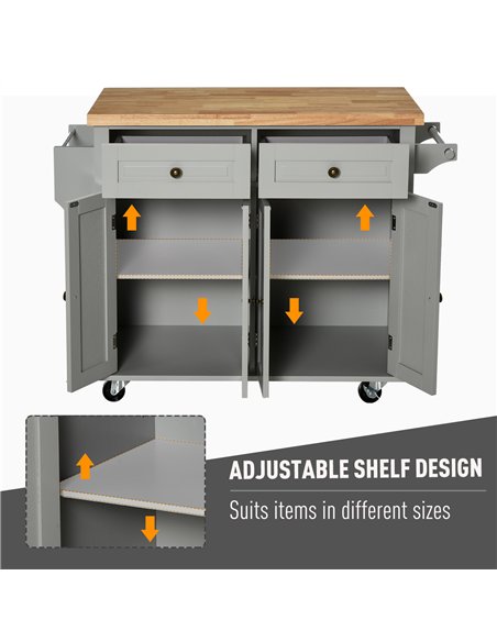 HOMCOM Rolling Kitchen Island Storage Trolley with Rubber Wood Top & Drawers for Dining Room, Grey
