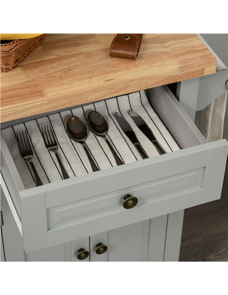 HOMCOM Rolling Kitchen Island Storage Trolley with Rubber Wood Top & Drawers for Dining Room, Grey