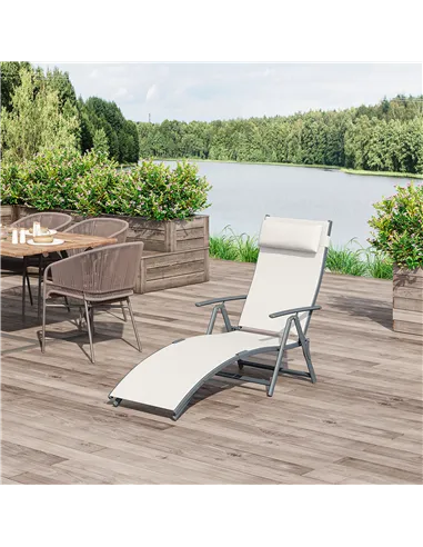 Outsunny Sun Lounger Steel Frame Outdoor Folding Chaise Texteline Lounge Chair Recliner with Headrest & 7 Levels Adjustable Back