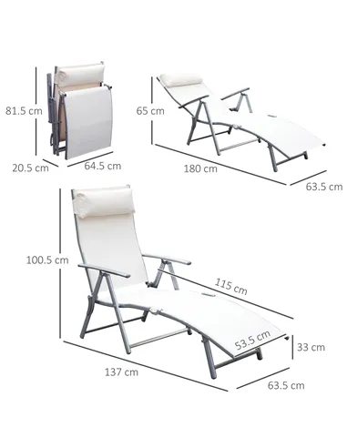 Outsunny Sun Lounger Steel Frame Outdoor Folding Chaise Texteline Lounge Chair Recliner with Headrest & 7 Levels Adjustable Back
