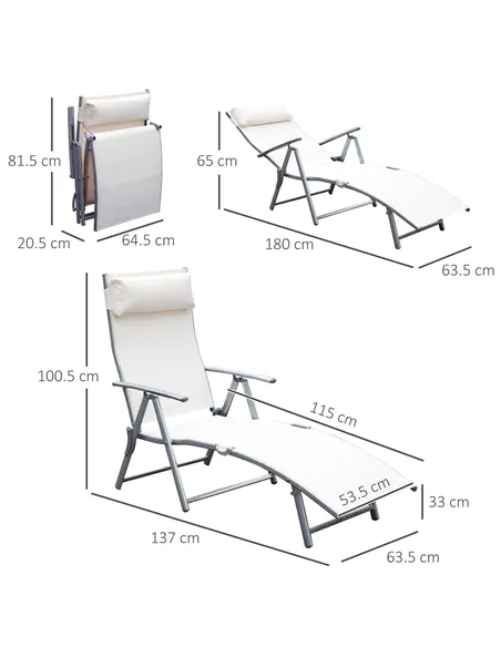 Outsunny Sun Lounger Steel Frame Outdoor Folding Chaise Texteline Lounge Chair Recliner with Headrest & 7 Levels Adjustable Back
