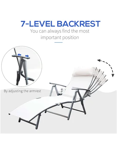 Outsunny Sun Lounger Steel Frame Outdoor Folding Chaise Texteline Lounge Chair Recliner with Headrest & 7 Levels Adjustable Back