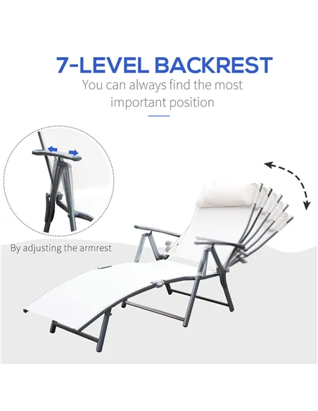 Outsunny Sun Lounger Steel Frame Outdoor Folding Chaise Texteline Lounge Chair Recliner with Headrest & 7 Levels Adjustable Back