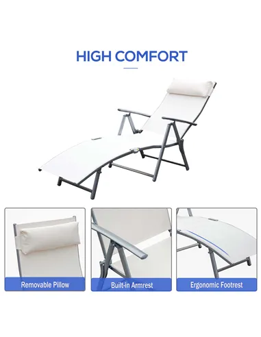 Outsunny Sun Lounger Steel Frame Outdoor Folding Chaise Texteline Lounge Chair Recliner with Headrest & 7 Levels Adjustable Back