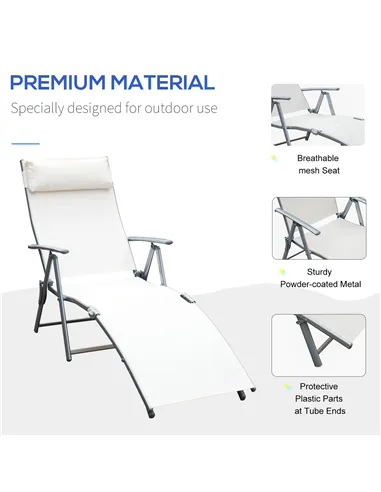 Outsunny Sun Lounger Steel Frame Outdoor Folding Chaise Texteline Lounge Chair Recliner with Headrest & 7 Levels Adjustable Back