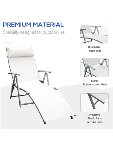 Outsunny Sun Lounger Steel Frame Outdoor Folding Chaise Texteline Lounge Chair Recliner with Headrest & 7 Levels Adjustable Back