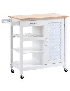 HOMCOM Kitchen Trolley, Kitchen Island on Wheels with Embossed Door Panel, Utility Kitchen Cart with 3 Storage Shelves, White