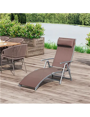 Outsunny Sun Lounger Steel Frame Outdoor Folding Chaise Texteline Lounge Chair Recliner with Headrest & 7 Levels Adjustable Back