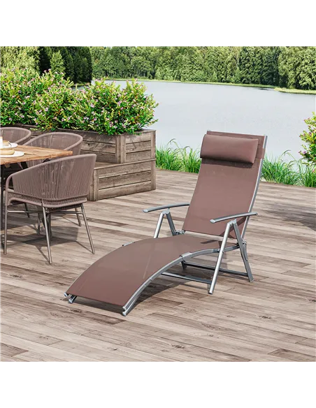 Outsunny Sun Lounger Steel Frame Outdoor Folding Chaise Texteline Lounge Chair Recliner with Headrest & 7 Levels Adjustable Back