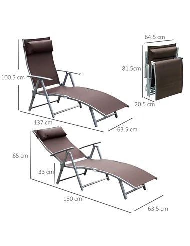 Outsunny Sun Lounger Steel Frame Outdoor Folding Chaise Texteline Lounge Chair Recliner with Headrest & 7 Levels Adjustable Back