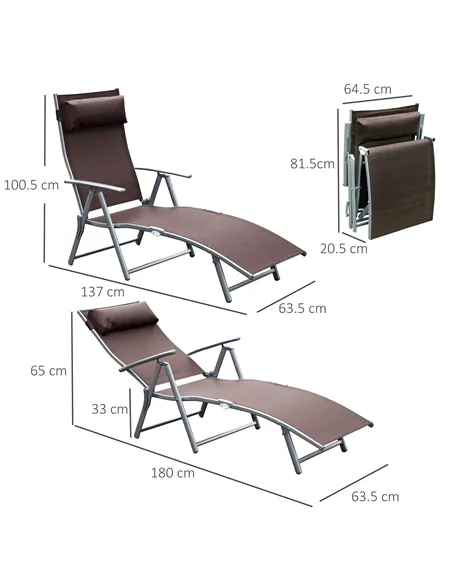 Outsunny Sun Lounger Steel Frame Outdoor Folding Chaise Texteline Lounge Chair Recliner with Headrest & 7 Levels Adjustable Back