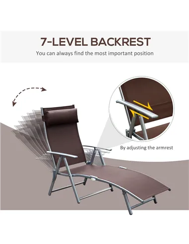 Outsunny Sun Lounger Steel Frame Outdoor Folding Chaise Texteline Lounge Chair Recliner with Headrest & 7 Levels Adjustable Back