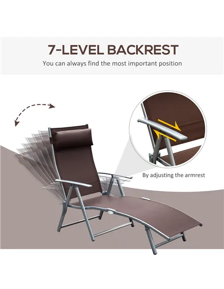 Outsunny Sun Lounger Steel Frame Outdoor Folding Chaise Texteline Lounge Chair Recliner with Headrest & 7 Levels Adjustable Back