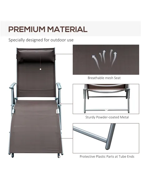 Outsunny Sun Lounger Steel Frame Outdoor Folding Chaise Texteline Lounge Chair Recliner with Headrest & 7 Levels Adjustable Back