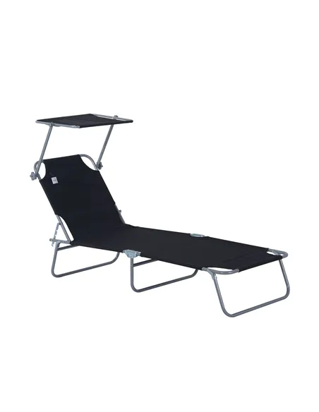 Outsunny Outdoor Foldable Sun Lounger, 4 Level Adjustable Backrest Reclining Sun Lounger Chair with Angle Adjust Sun Shade Awnin