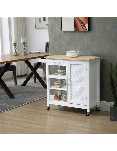 HOMCOM Kitchen Trolley, Kitchen Island on Wheels with Embossed Door Panel, Utility Kitchen Cart with 3 Storage Shelves, White