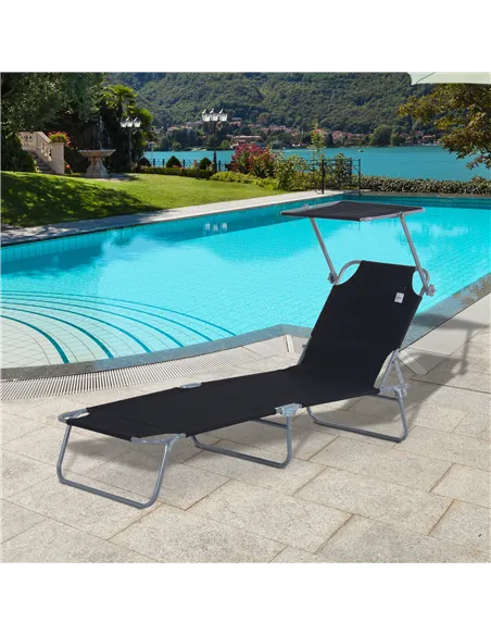 Outsunny Outdoor Foldable Sun Lounger, 4 Level Adjustable Backrest Reclining Sun Lounger Chair with Angle Adjust Sun Shade Awnin