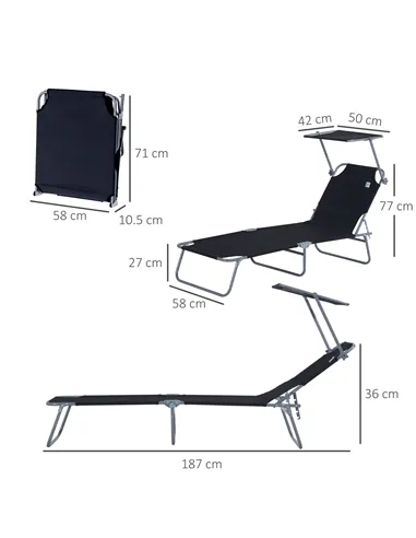 Outsunny Outdoor Foldable Sun Lounger, 4 Level Adjustable Backrest Reclining Sun Lounger Chair with Angle Adjust Sun Shade Awnin