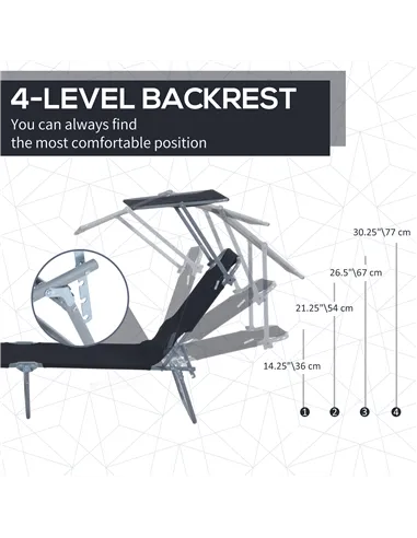 Outsunny Outdoor Foldable Sun Lounger, 4 Level Adjustable Backrest Reclining Sun Lounger Chair with Angle Adjust Sun Shade Awnin