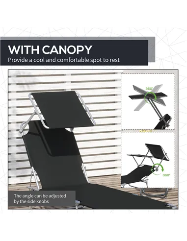 Outsunny Outdoor Foldable Sun Lounger, 4 Level Adjustable Backrest Reclining Sun Lounger Chair with Angle Adjust Sun Shade Awnin