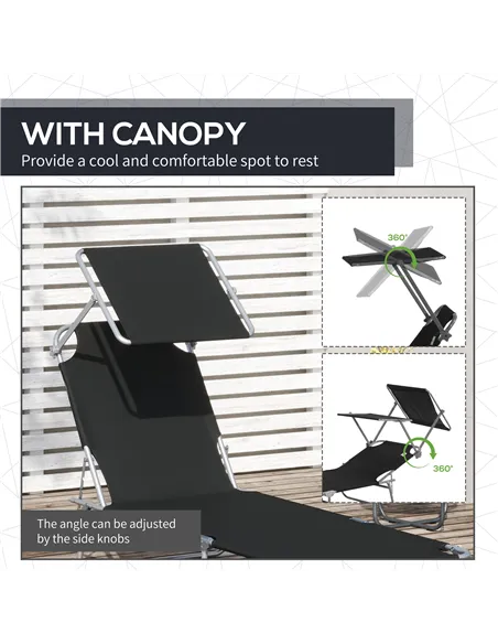 Outsunny Outdoor Foldable Sun Lounger, 4 Level Adjustable Backrest Reclining Sun Lounger Chair with Angle Adjust Sun Shade Awnin