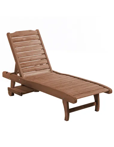 Outsunny Outdoor Wooden Lounger Chair, Sun Bed with Built-In Table, Adjustable Backrest and Wheels, Red Brown