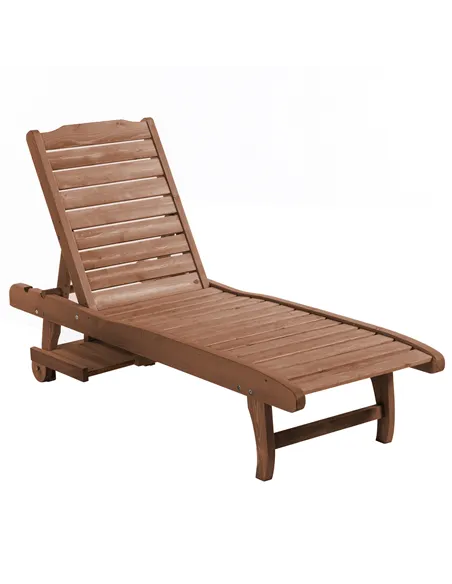 Outsunny Outdoor Wooden Lounger Chair, Sun Bed with Built-In Table, Adjustable Backrest and Wheels, Red Brown