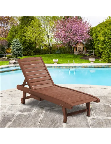 Outsunny Outdoor Wooden Lounger Chair, Sun Bed with Built-In Table, Adjustable Backrest and Wheels, Red Brown